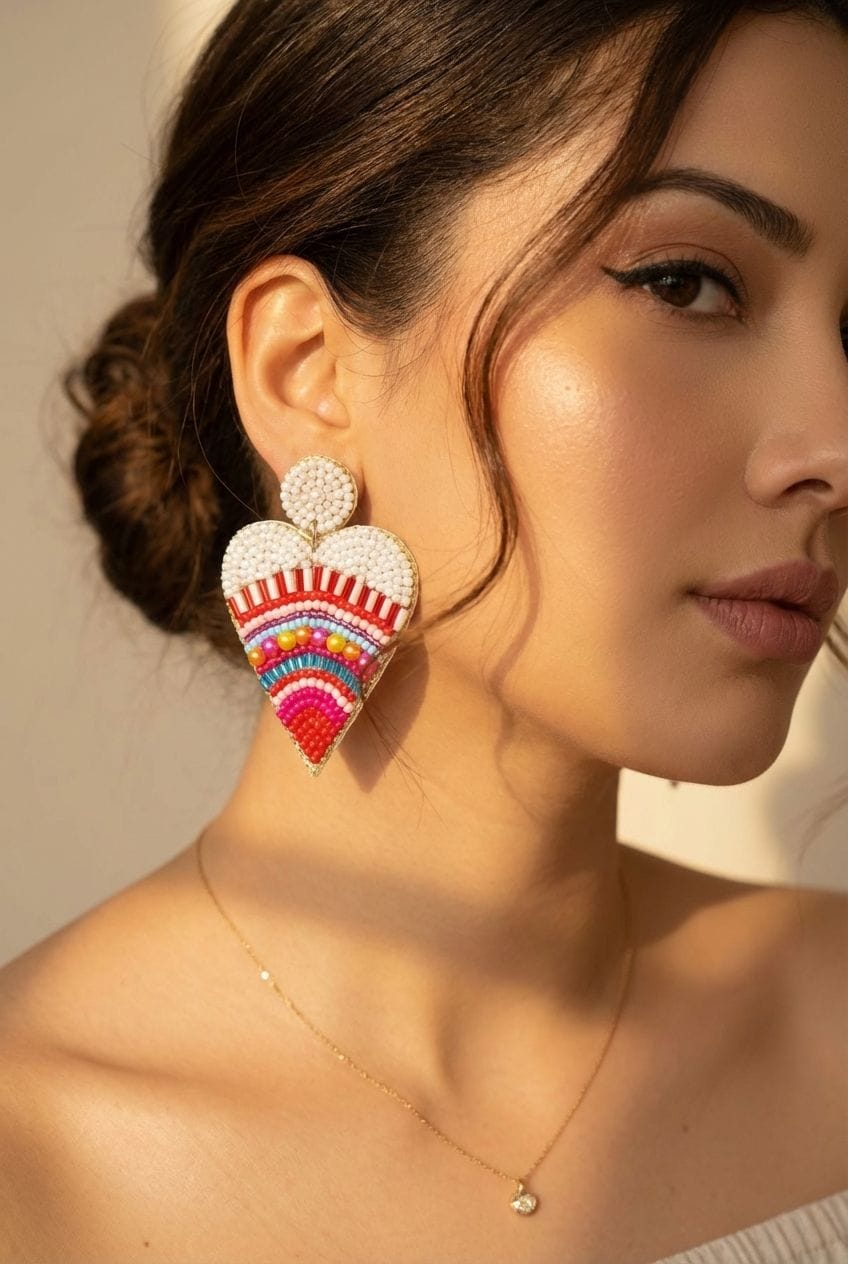 Mandala Heart Beaded Earrings - Statement Party Wear for Girls
