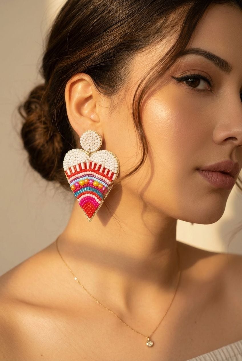 Mandala Heart Beaded Earrings - Statement Party Wear for Girls