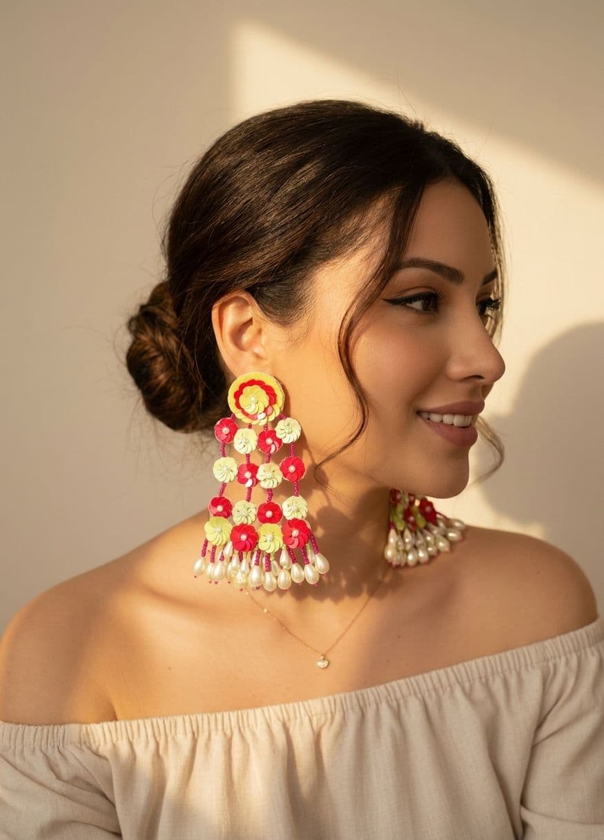 Pink-Yellow Floral Earrings – Handmade Beaded Floral Danglers for Women