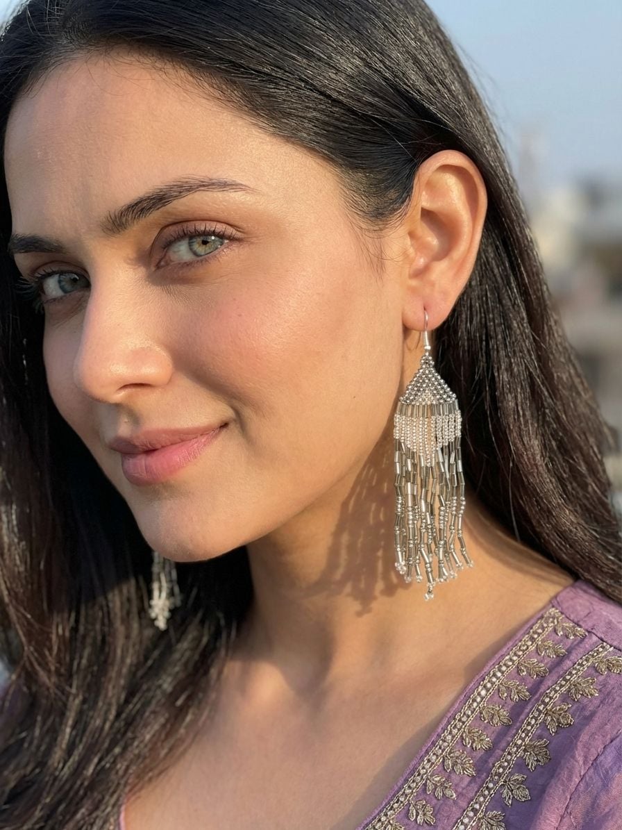 Contemporary White Beaded Tassel Drop Earrings for Women and Girls