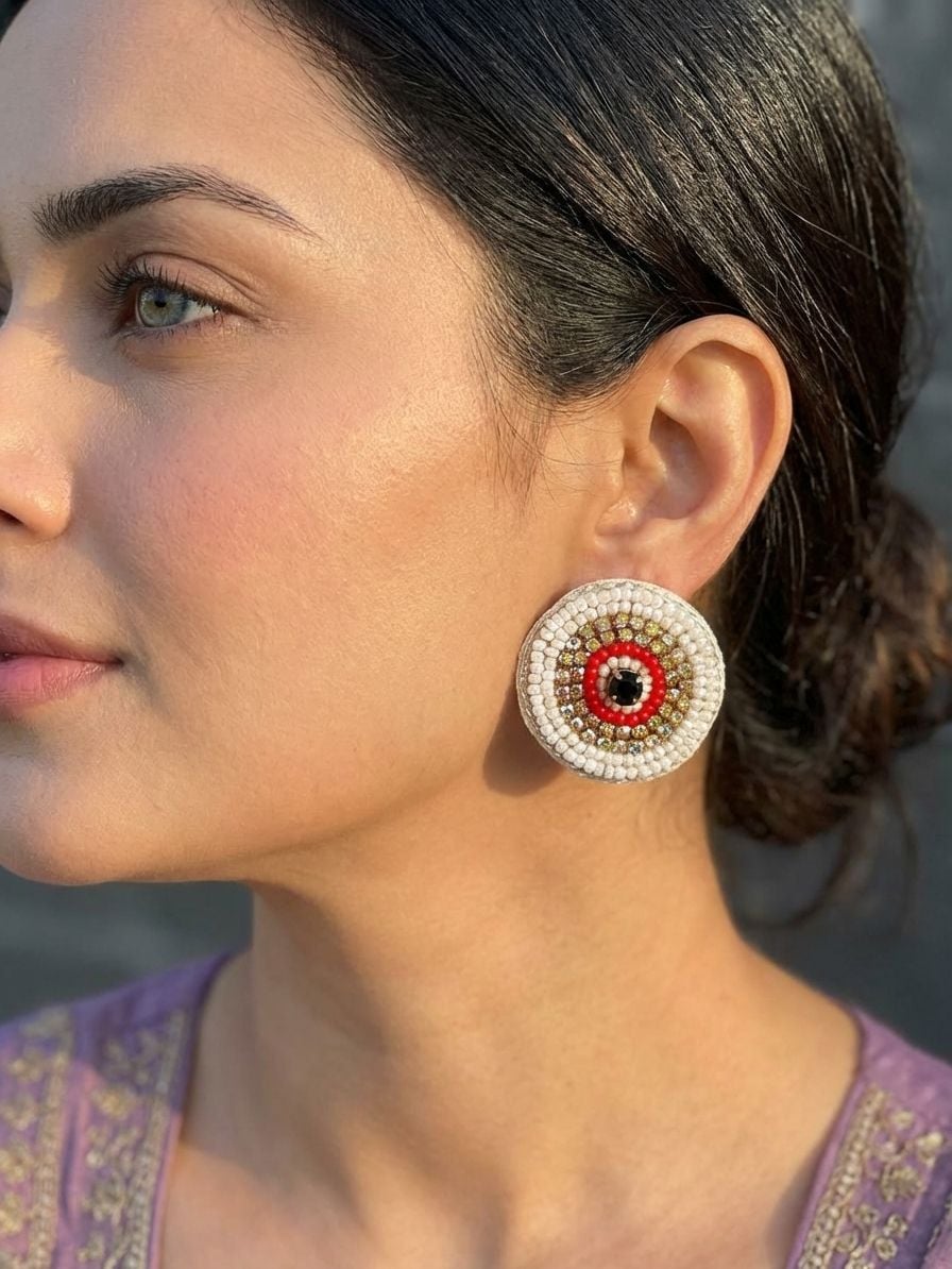 White-Red Beaded Evil Eye Stud Earrings for Women & Girls