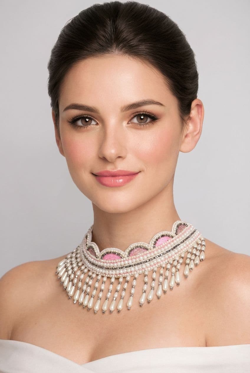 Artisanal Threaded Necklace with Pearls - Handwoven Fabric Jewellery
