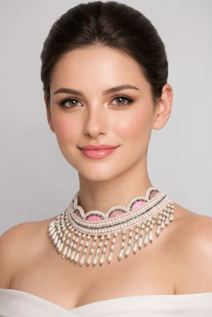 Artisanal Threaded Necklace with Pearls - Handwoven Fabric Jewellery