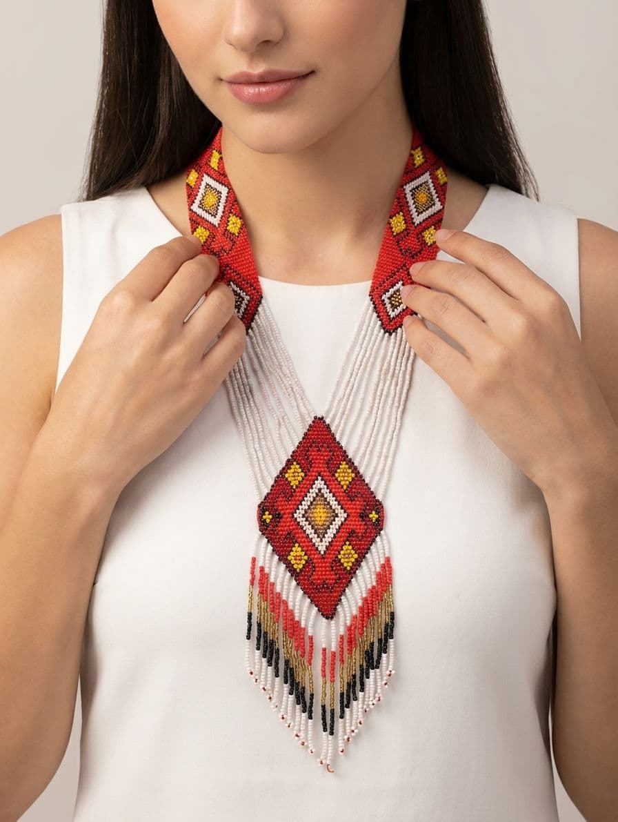 Elevate Your Style: Dangler Shaped Long Red-White Handmade Beaded Necklace for Women