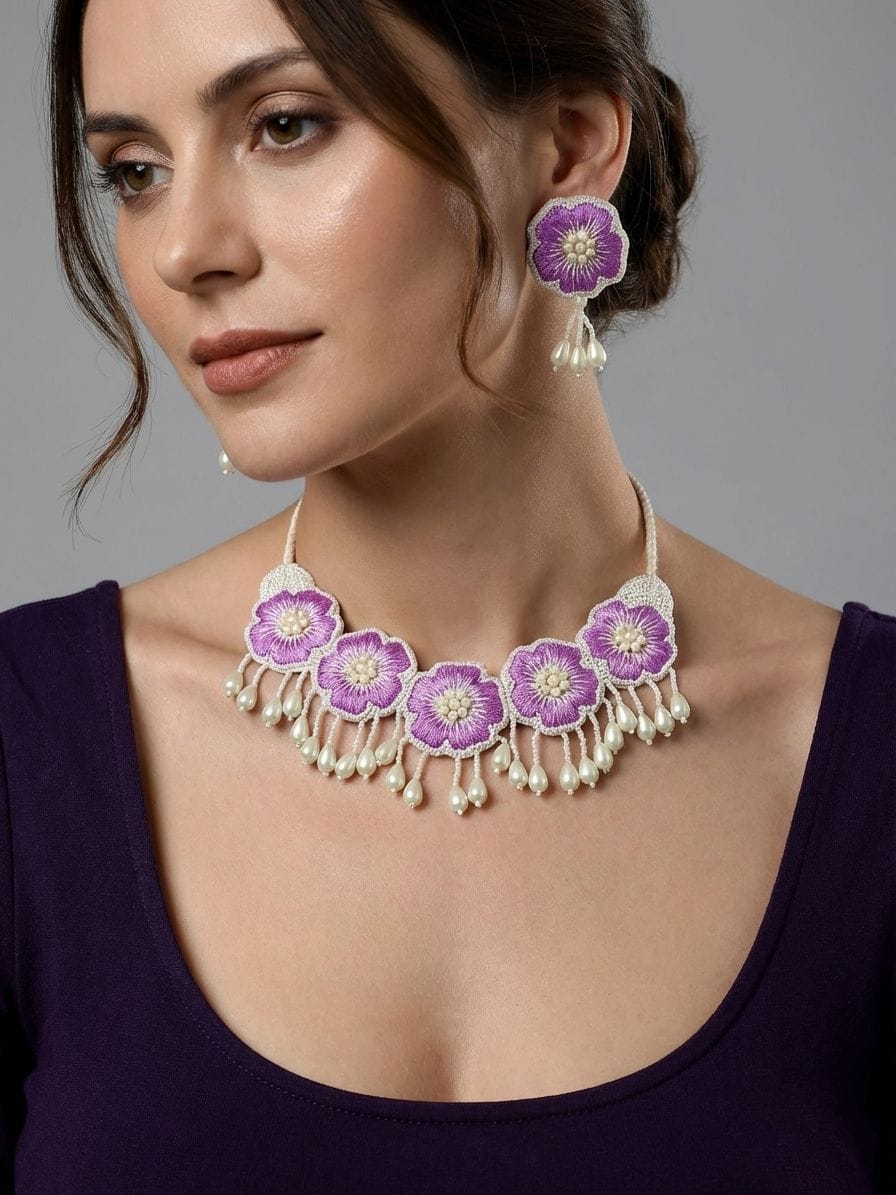 Contemporary Antique Floral Symmetry: Purple and White Beaded Necklace Set for Women