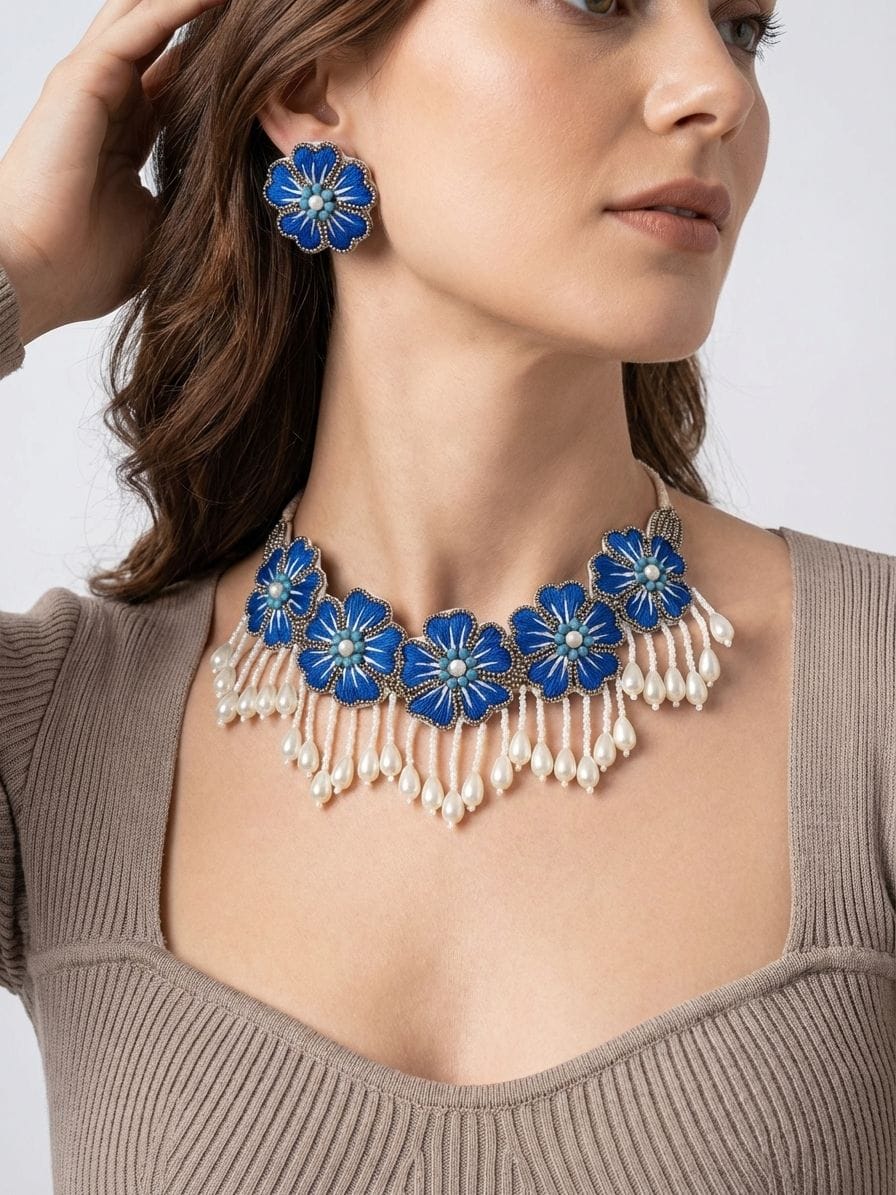 Handicraft Blooming Blue & White Beaded Flower Necklace Set for Women