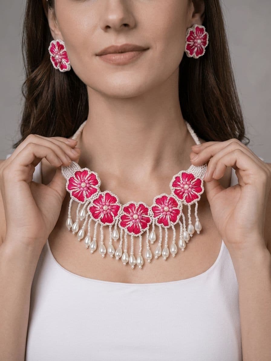 Handcrafted Blooming Essence - Pink & White Flower Shaped Choker Necklace Set