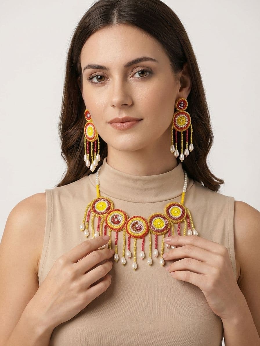 Festival Ready: Handmade Yellow-Red Beaded Choker Jewellery Set for Women
