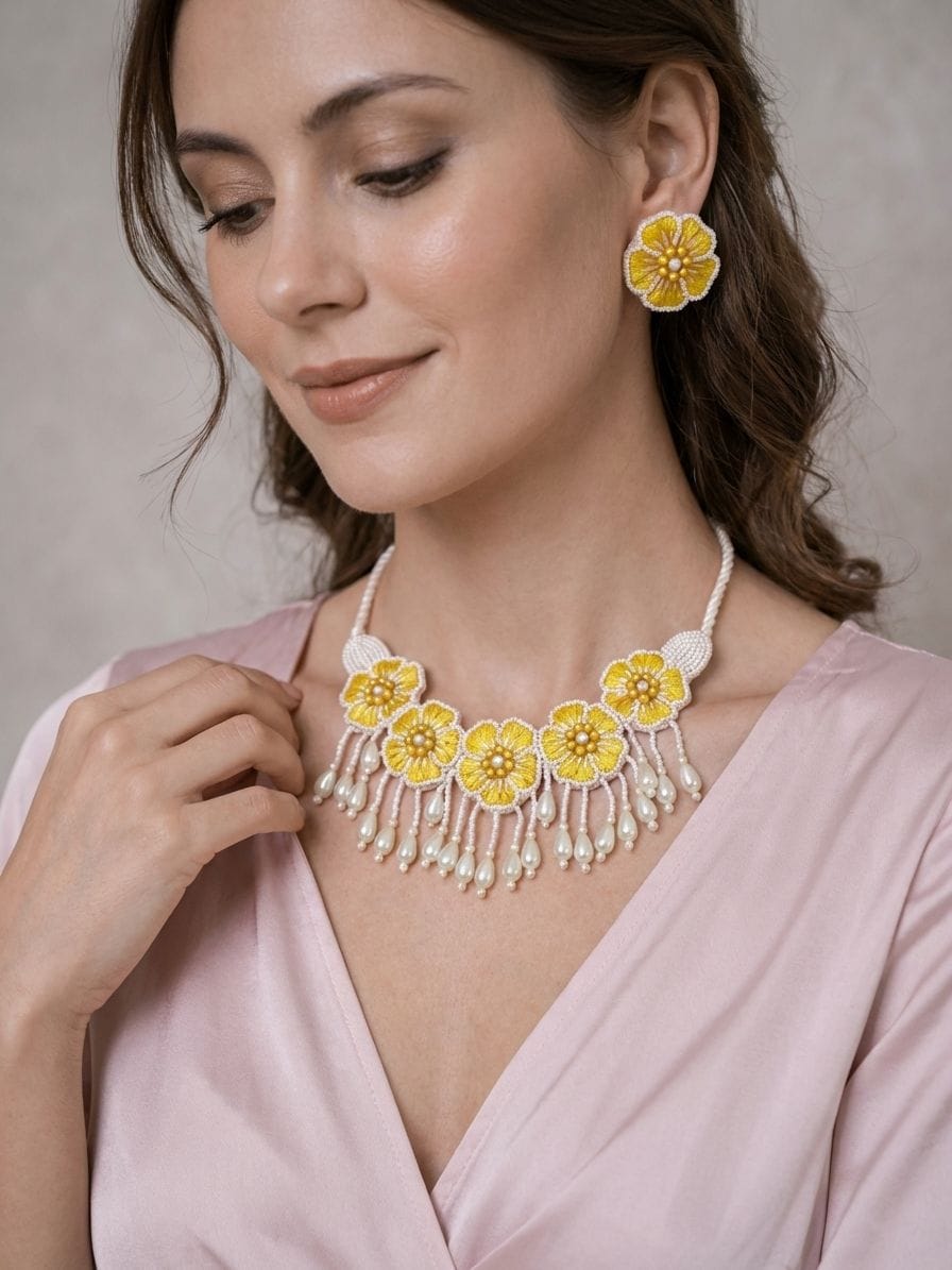Floral Bliss: Yellow & White Beaded Flower-Shape Women's Handmade Choker Necklace