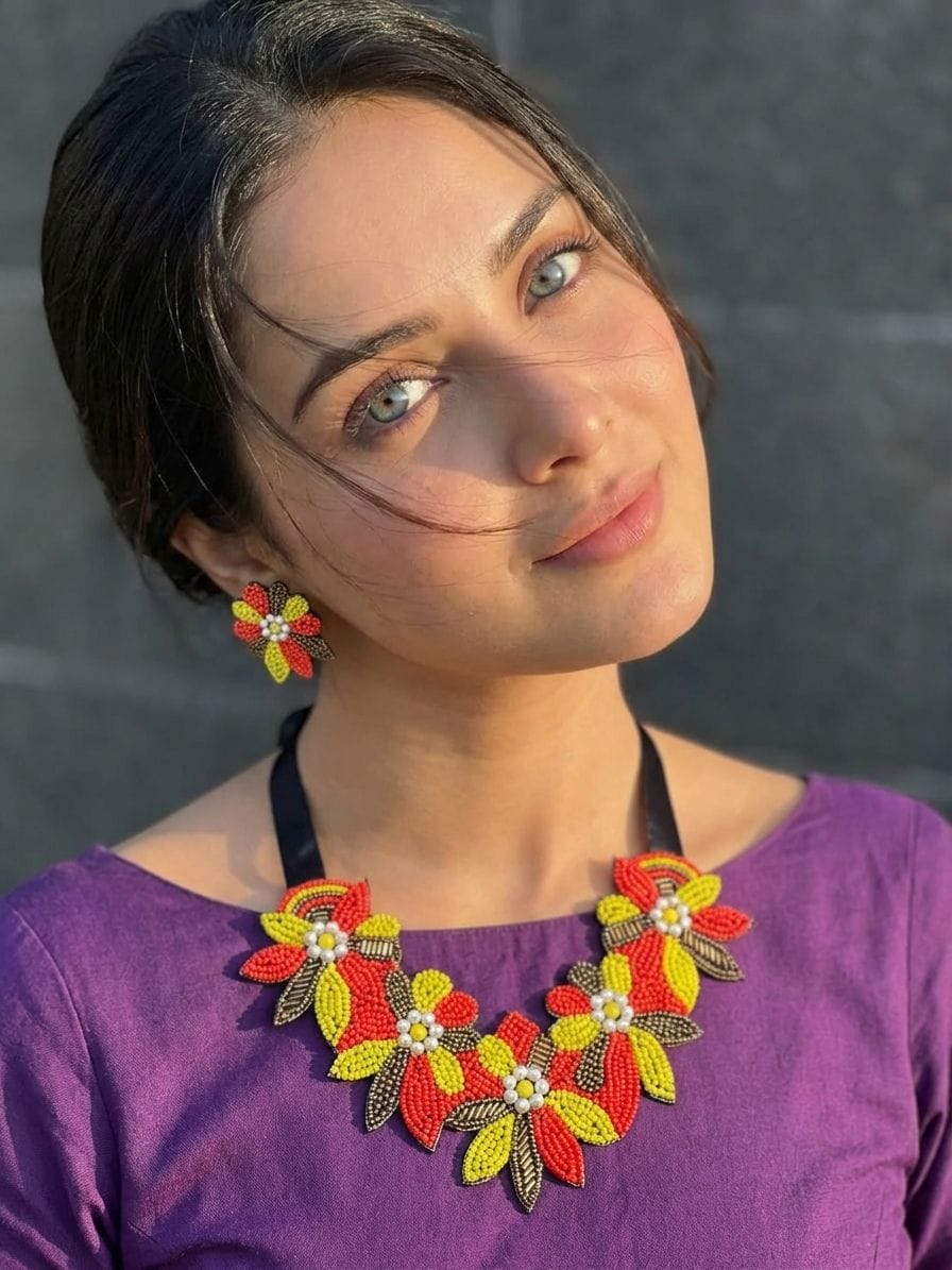 Handmade 'Antique Asymmetric' Pearl & Fabric Necklace Set with Dangler Jhumkas