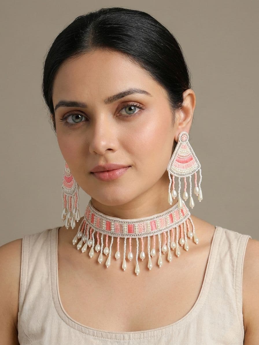 Handcrafted Pearl Fusion Necklace Set with Dangler Jhumkas for Everyday Elegance