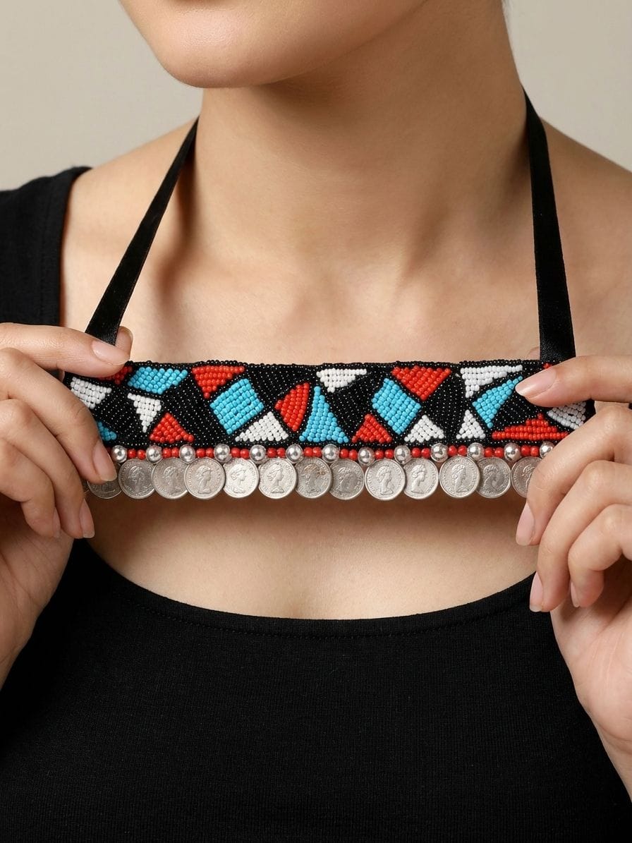 Contemporary Coin-Themed Asymmetric Dangler Choker: A Handmade Beaded Necklace for Women and Girls