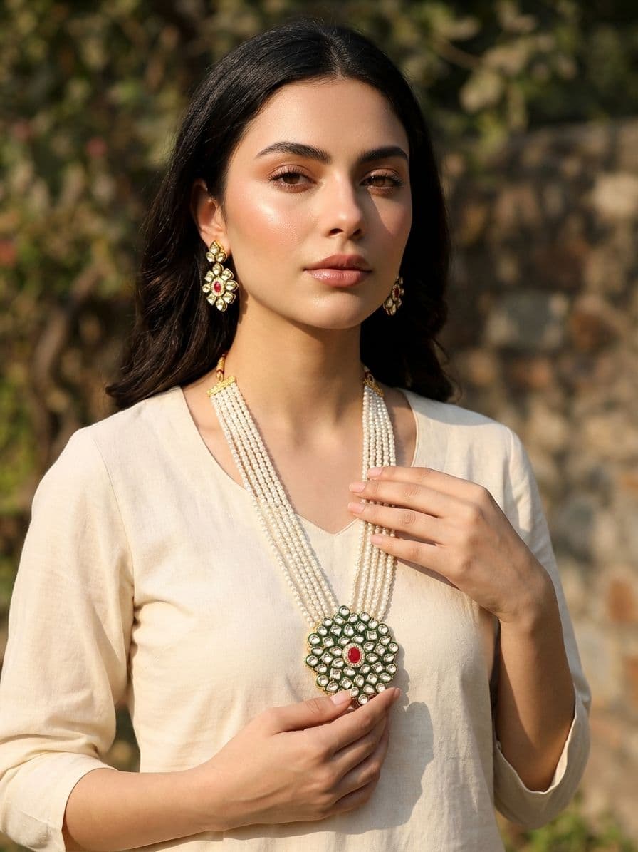 White Beaded Extravaganza: Authentic Kundan Bridal Jewellery Set