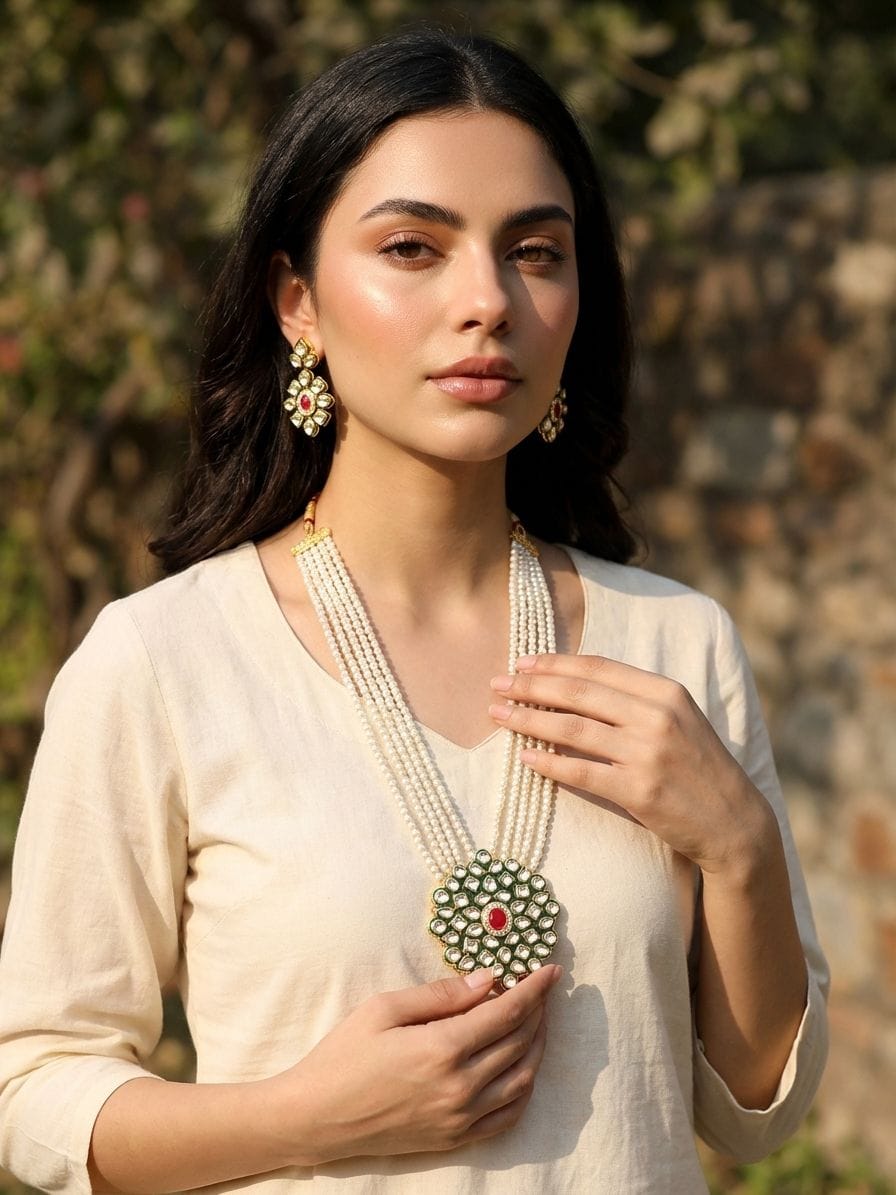 White Beaded Extravaganza: Authentic Kundan Bridal Jewellery Set