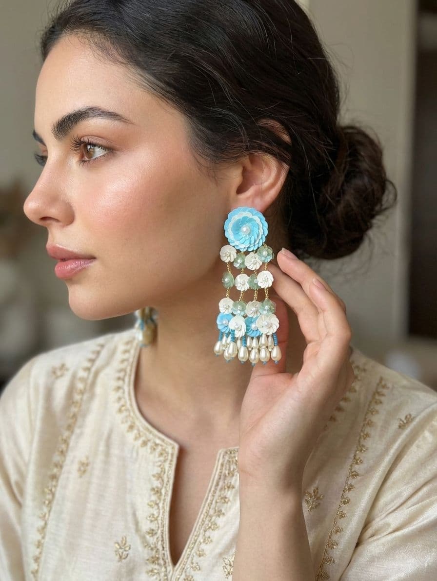 Blue-White Beaded Handmade Flower Earrings for Women
