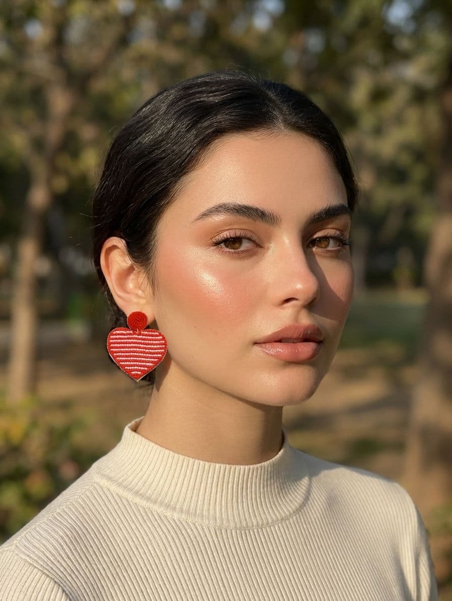 Red-White Heart Beaded Earrings for Women
