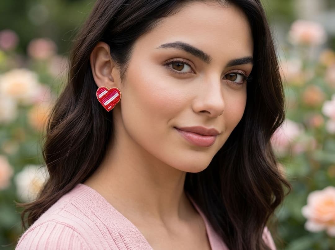 Red-White Heart Beaded Stud Earrings: Quirky Valentine's Day Gift for Her