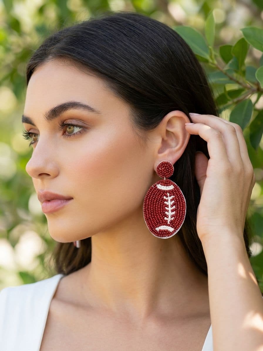 Fashionable Handmade Brown Rugby Football Beaded Earrings for Women & Girls