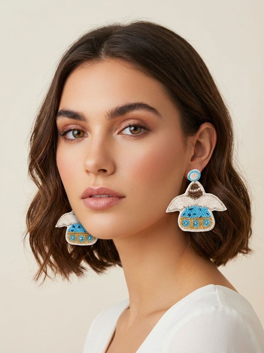 White & Blue Beaded Kalash Earrings for Women & Girls