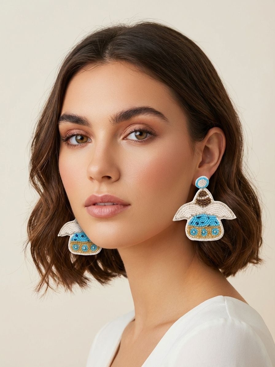 White & Blue Beaded Kalash Earrings for Women & Girls