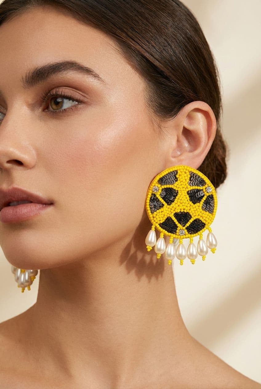 Yellow Beaded Stud Earrings for Girls & Women
