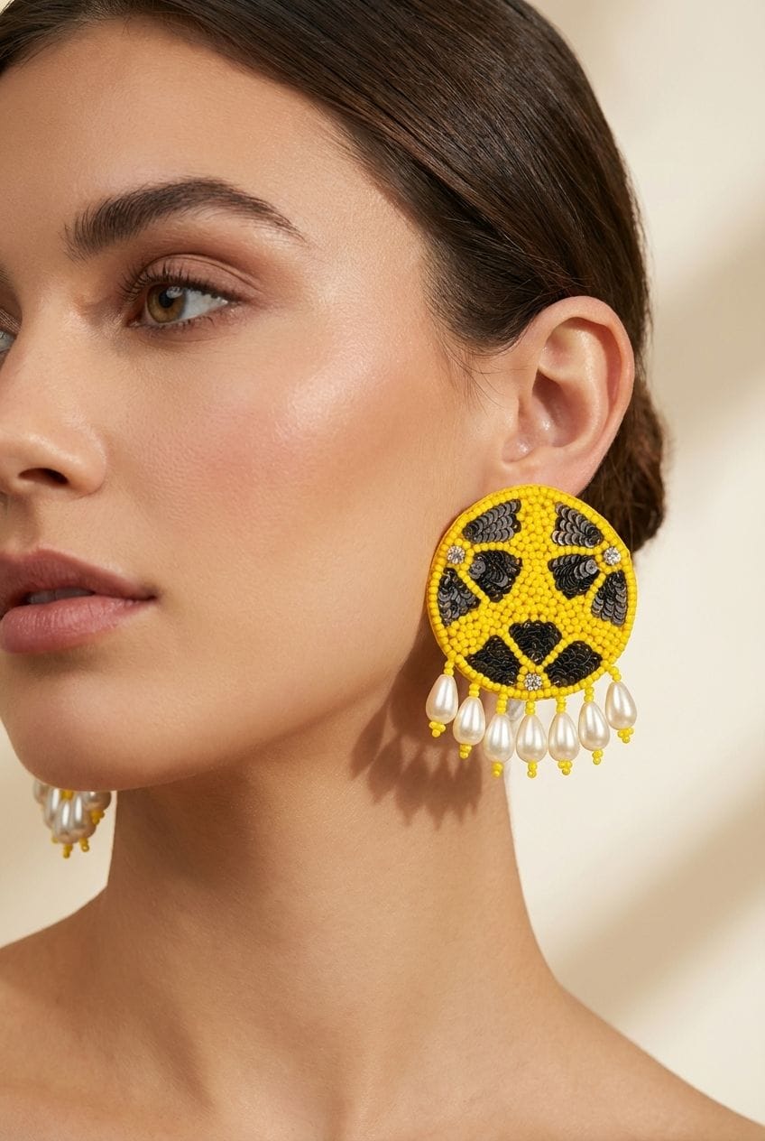 Yellow Beaded Stud Earrings for Girls & Women