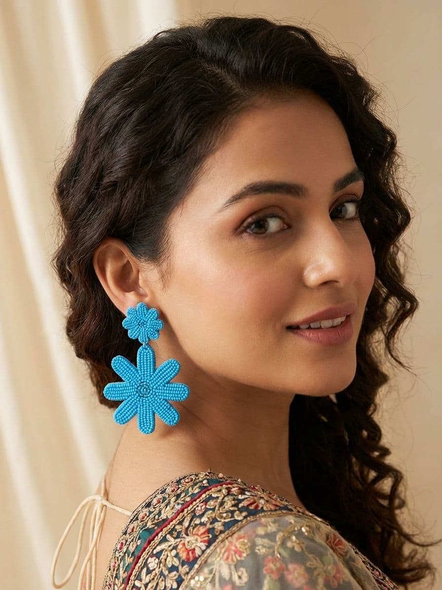 Peacock Blue Beaded Flower Earrings for Women & Girls