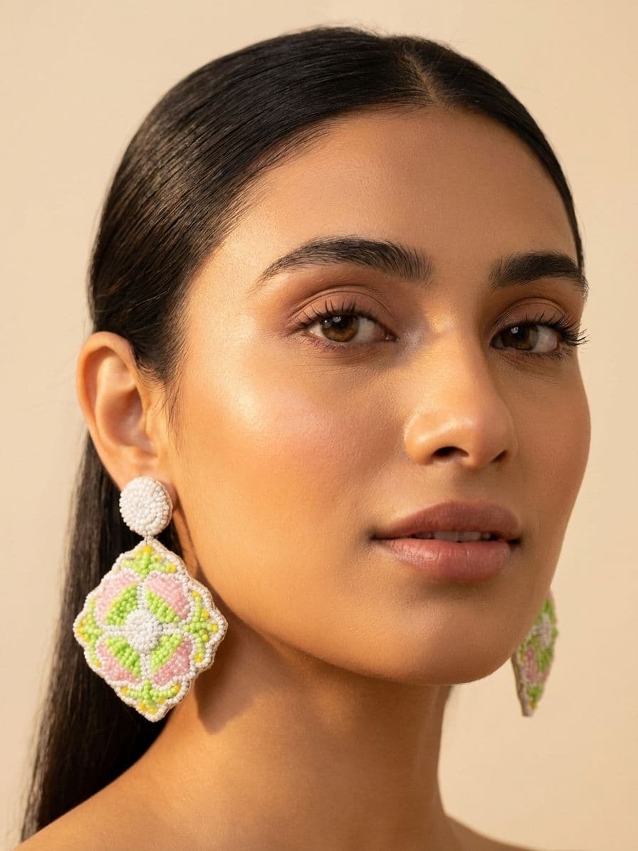 Pink-Green Flower Handmade Beaded Earrings for Festival and Party Wear