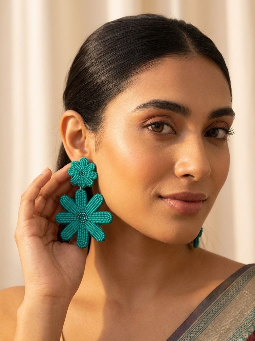 Handmade Green Beaded Floral Drop Earrings for Women and Girls