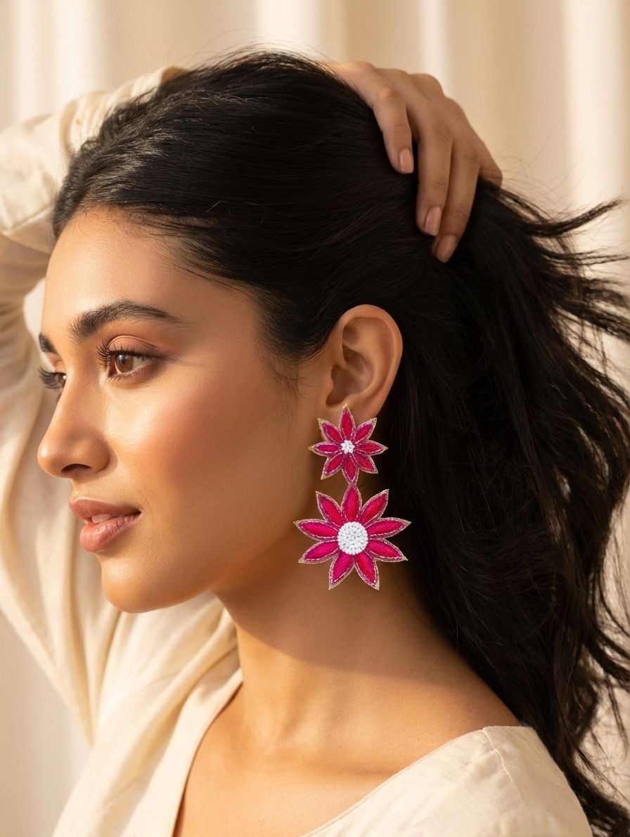 Pink Sunflower Party Wear Beaded Earrings for Women & Girls