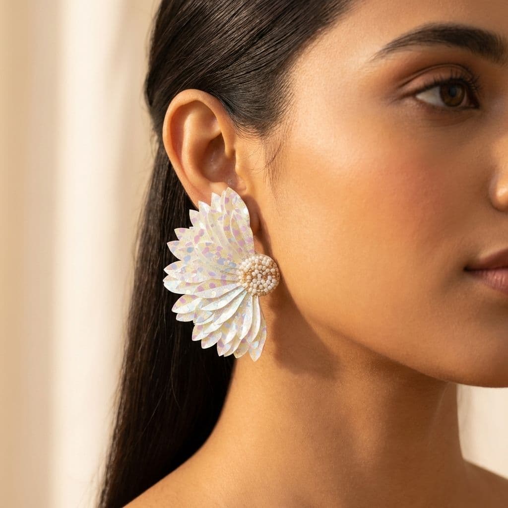 Off-White Beaded Flower Stud Earrings for Women and Girls