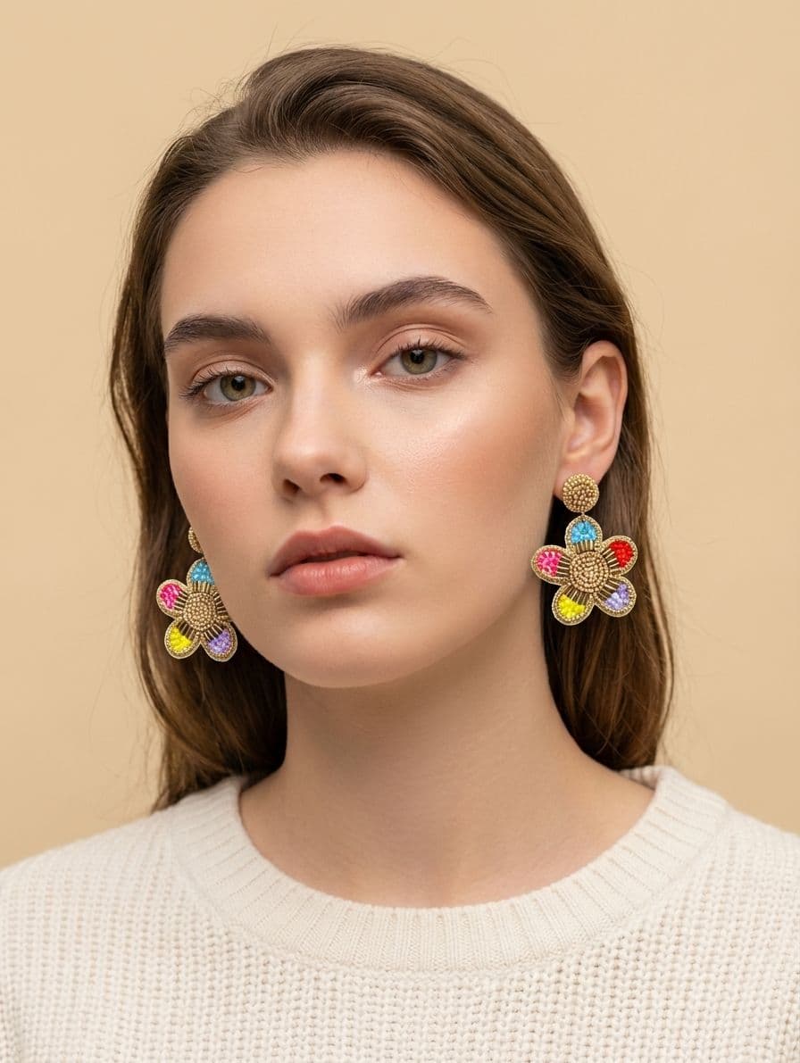 Rainbow Blossom Beaded Flower Drop Earrings