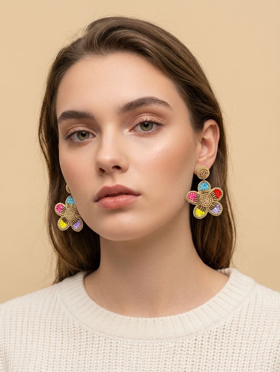 Rainbow Blossom Beaded Flower Drop Earrings