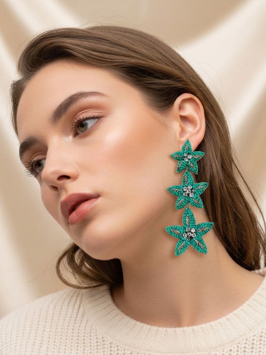 Green Starburst Long Earrings for Women - Handmade Beaded Danglers Earrings