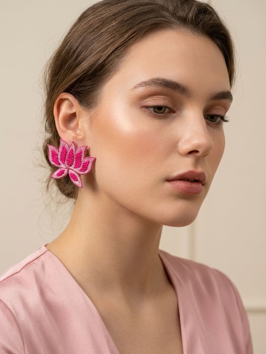 Pink Handmade Lotus Earrings for Women - Beaded Studs for Festive & Party Wears