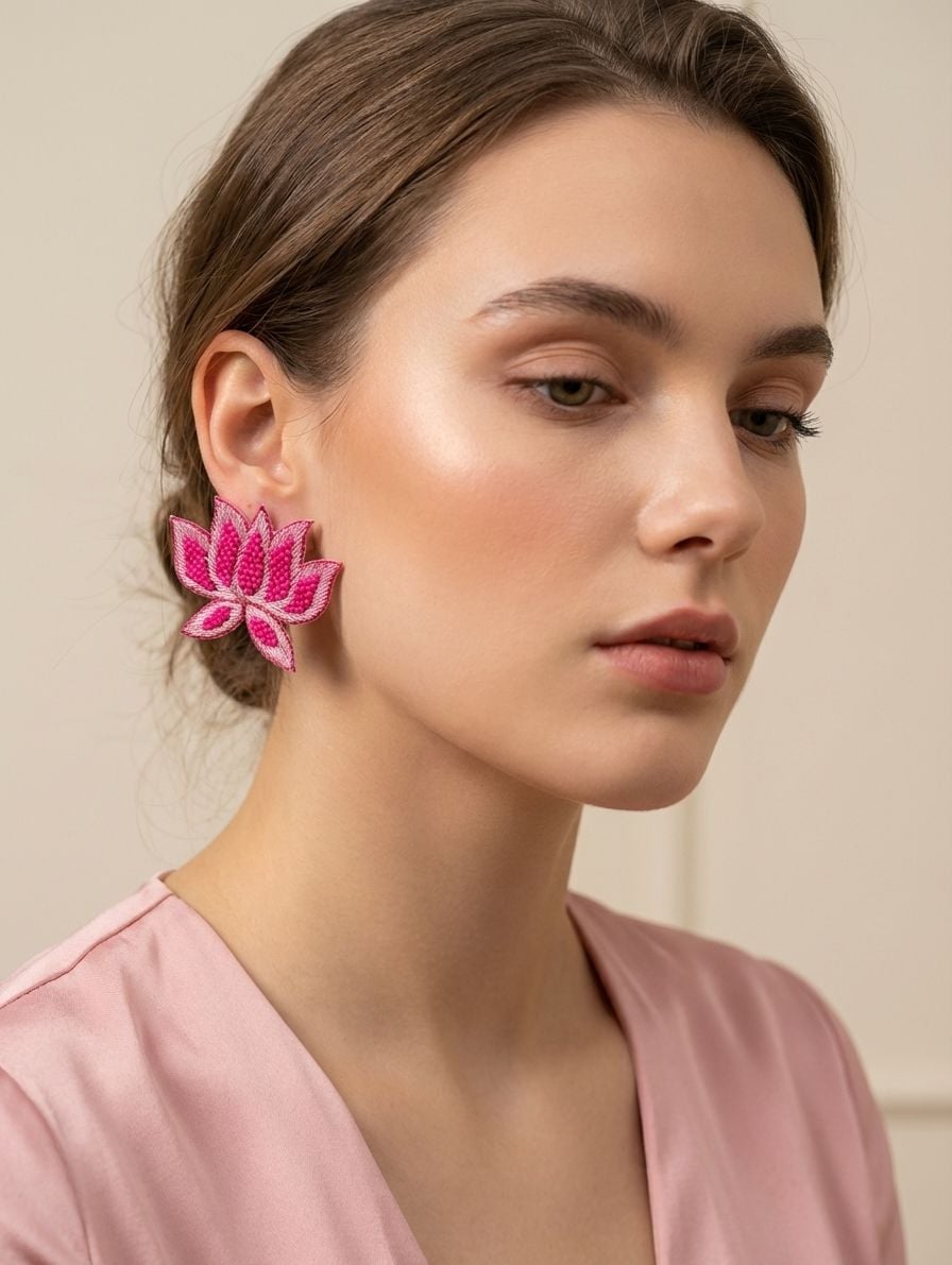 Pink Handmade Lotus Earrings for Women - Beaded Studs for Festive & Party Wears