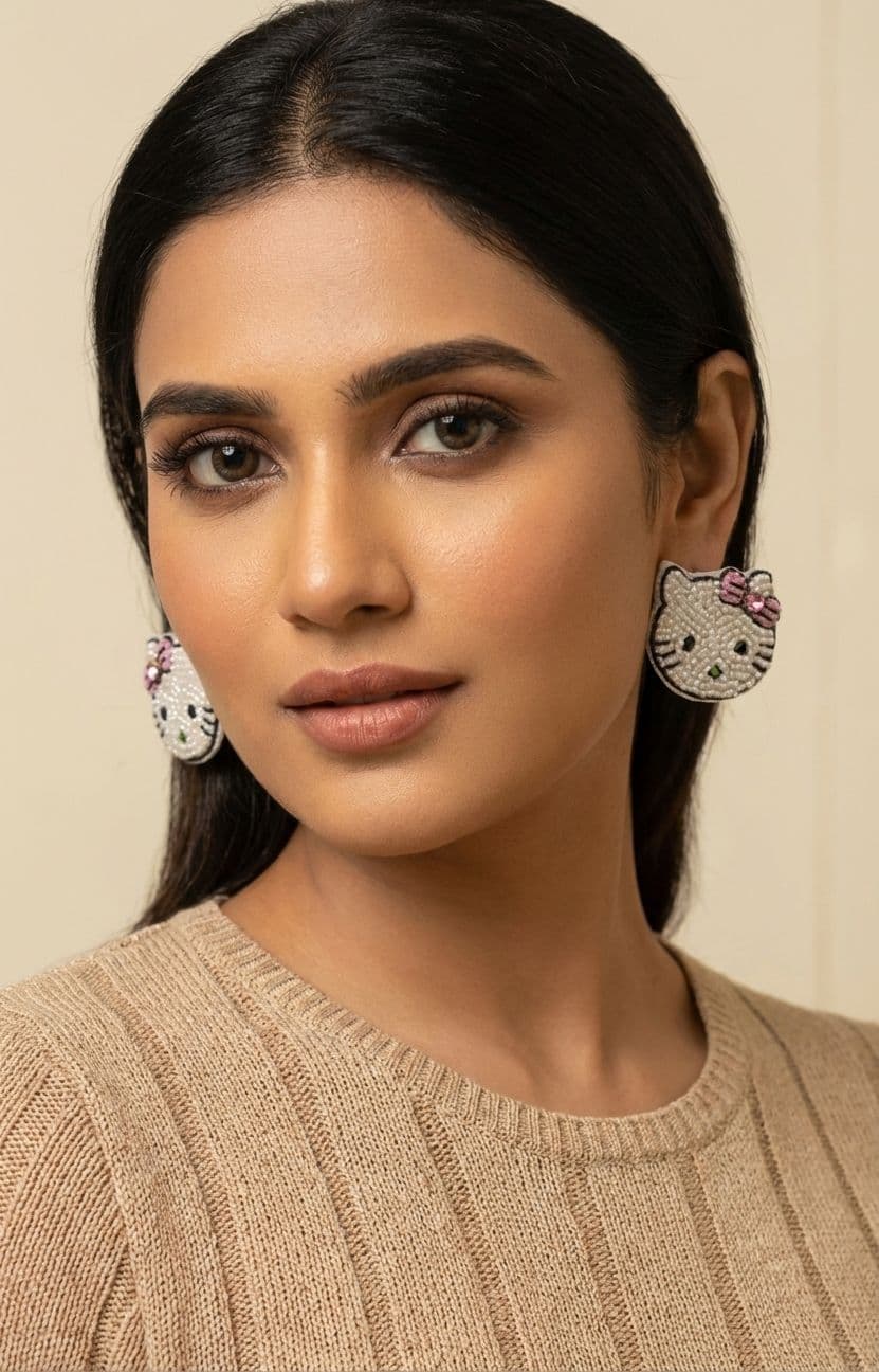 Handmade Beaded Off-White Kitty Earrings for Women & Girls