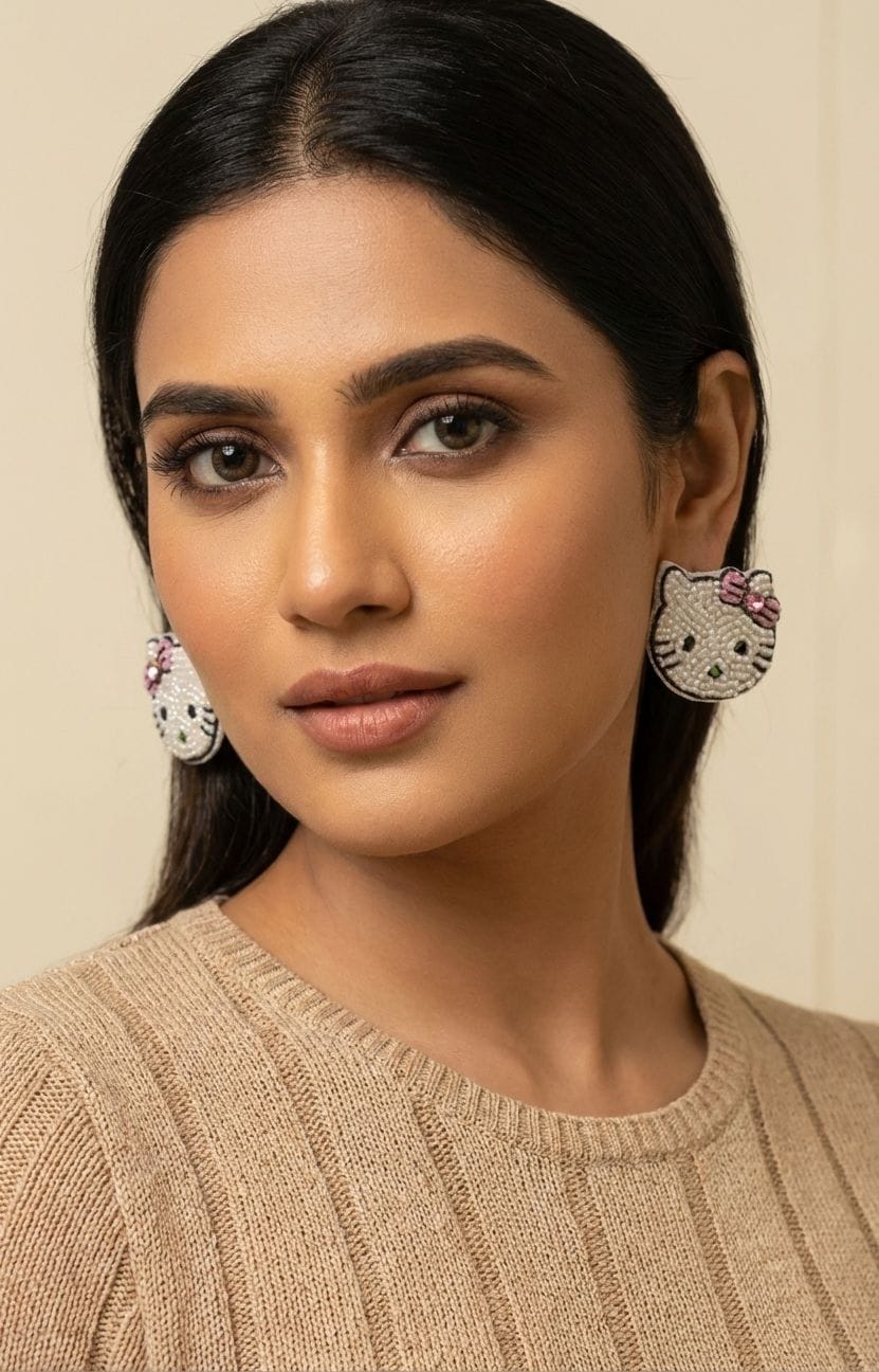 Handmade Beaded Off-White Kitty Earrings for Women & Girls