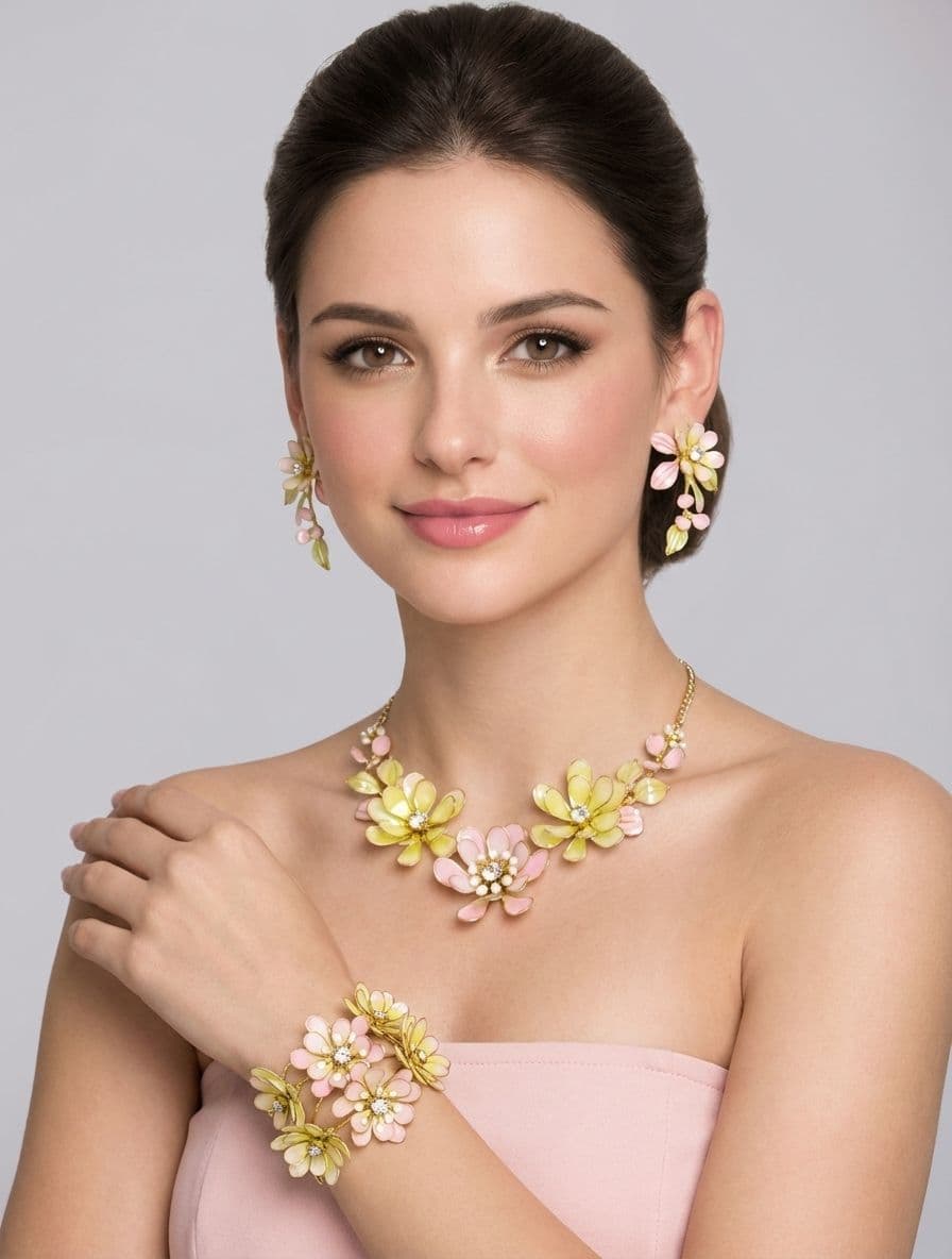 Light Pink and Yellow Resin Floral Haldi Jewellery Set for Women with Earrings