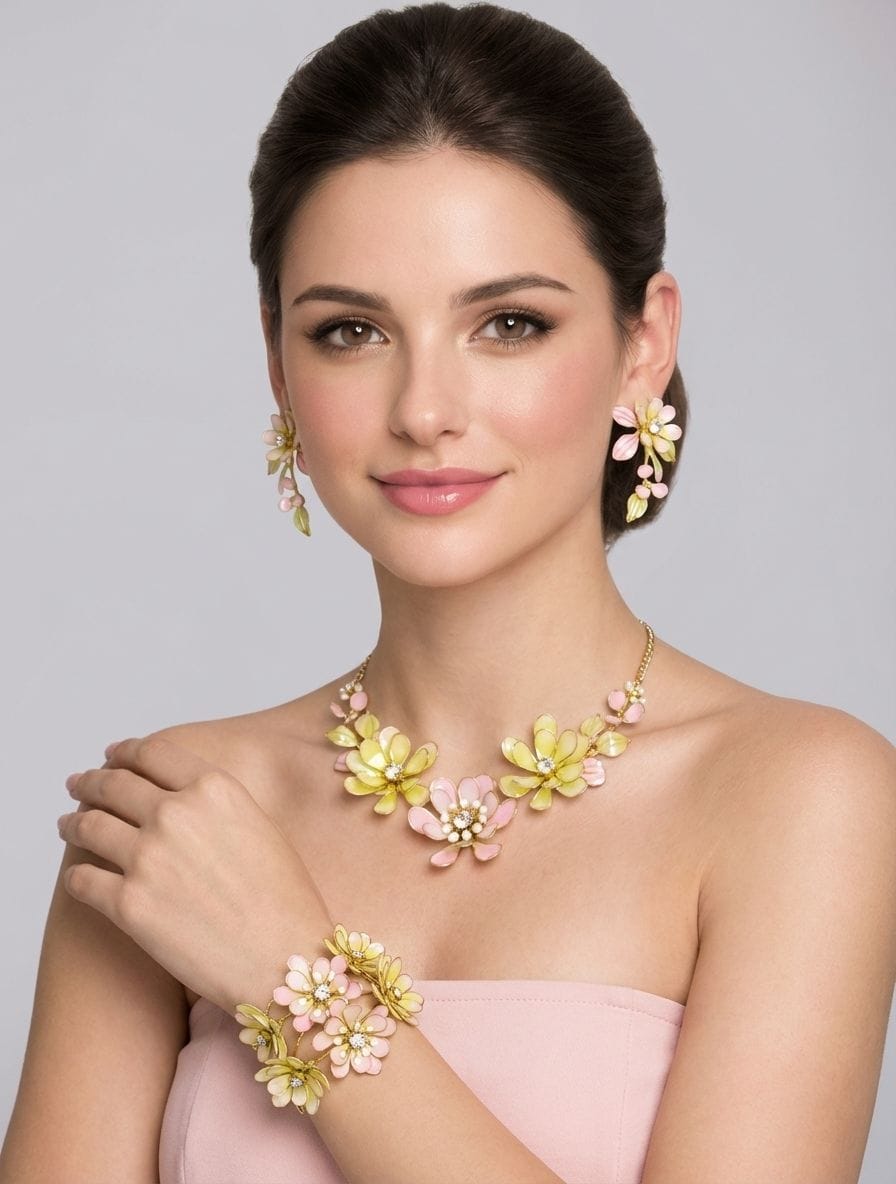 Light Pink and Yellow Resin Floral Haldi Jewellery Set for Women with Earrings
