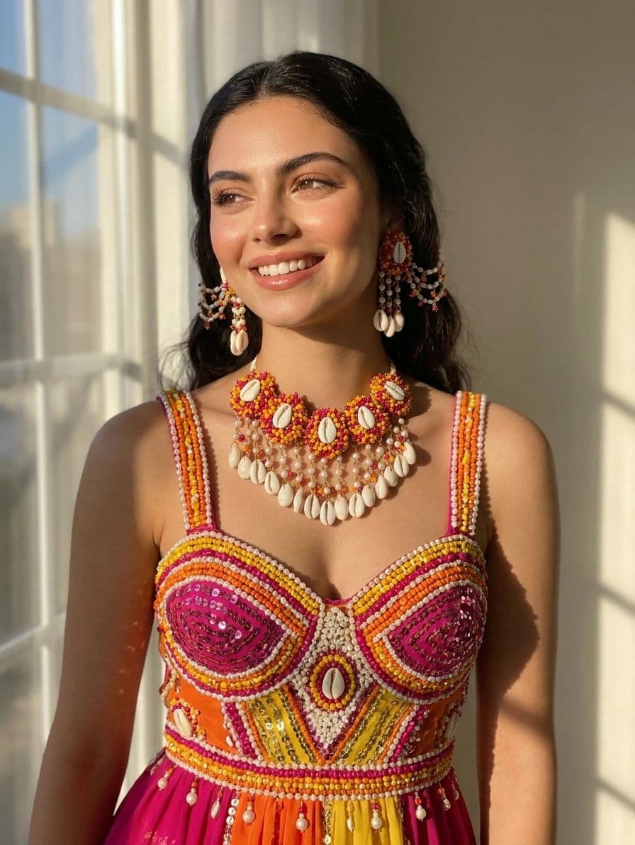 Pink-Orange Pearl Shell - Bridal Wedding Set - Haldi Mehndi Kalira