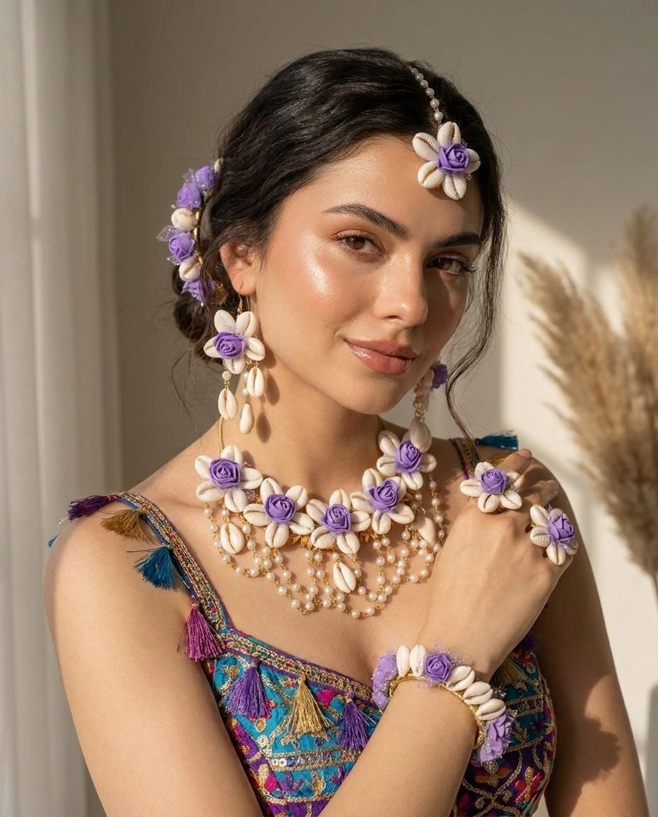 Lavender Bloom Sea Shell Jewelry Set for Chic Haldi Mehndi