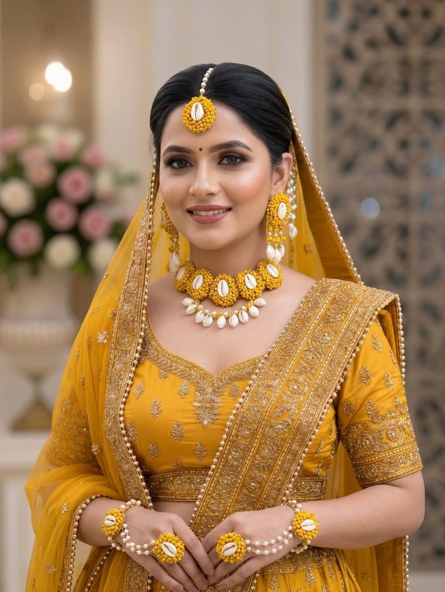 Golden Glory: Haldi-Mehndi Special Pearl & Sea Shell Jewellery Set