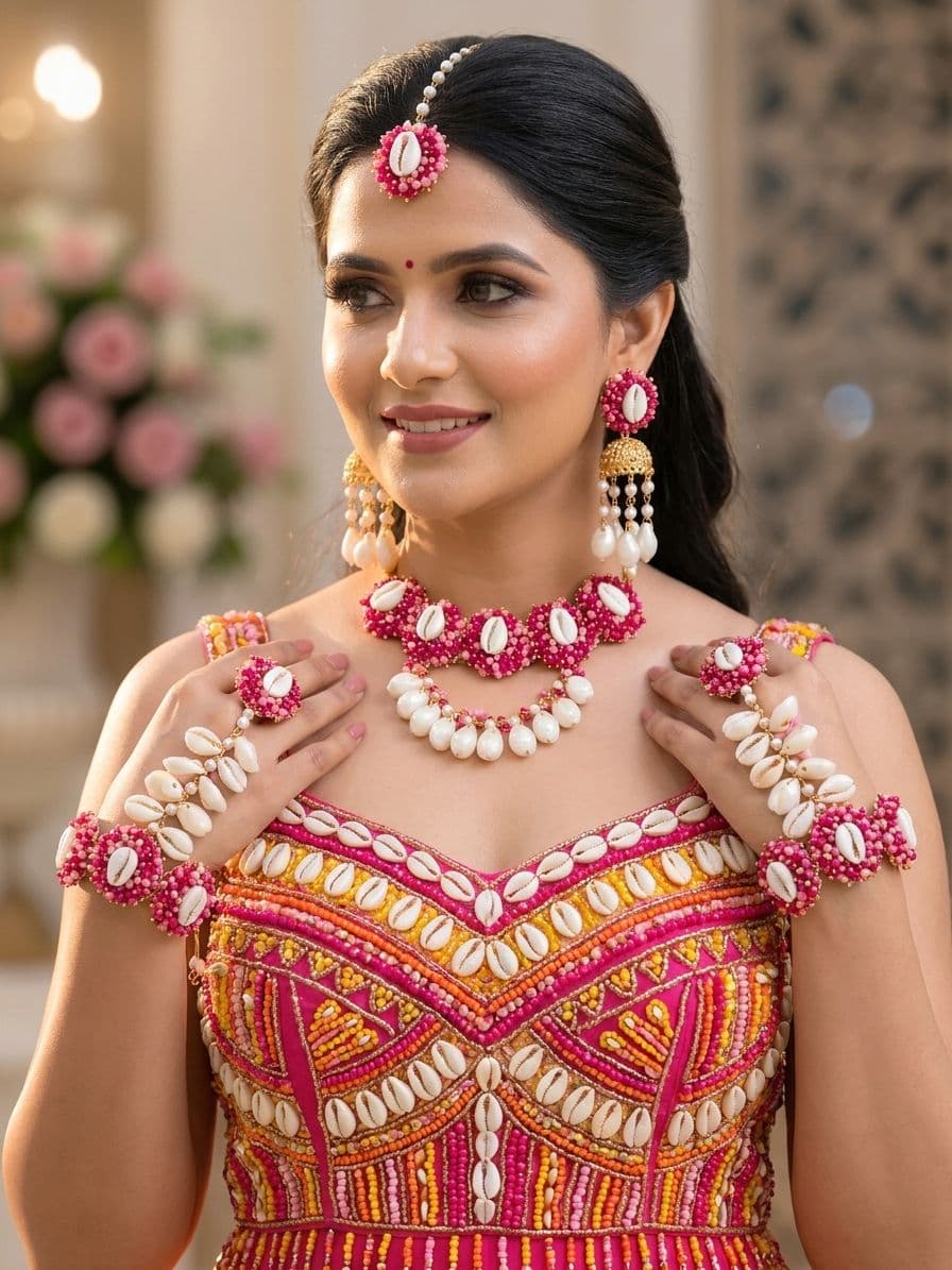 Handmade Hot Pink Pearl & Cowrie Shell Bridal Set, Haldi Mehndi Design