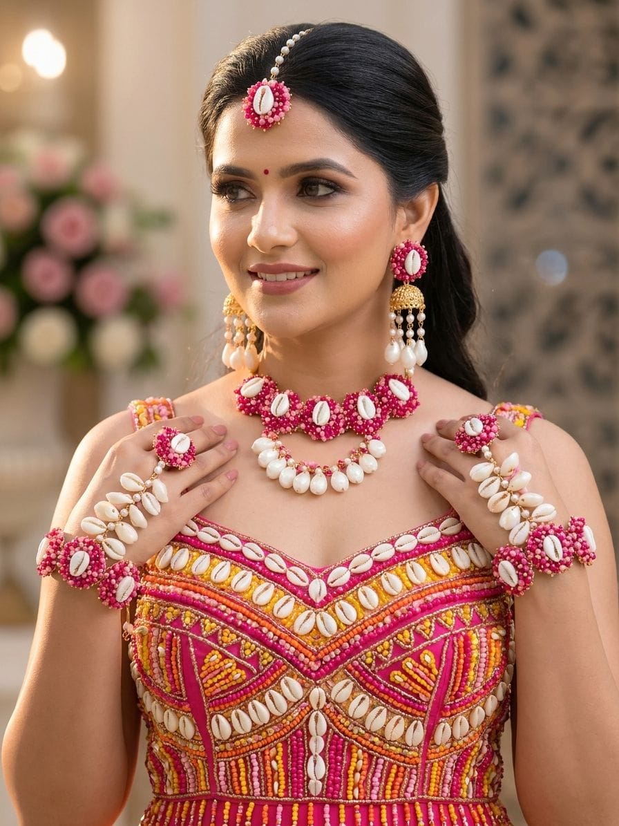 Handmade Hot Pink Pearl & Cowrie Shell Bridal Set, Haldi Mehndi Design