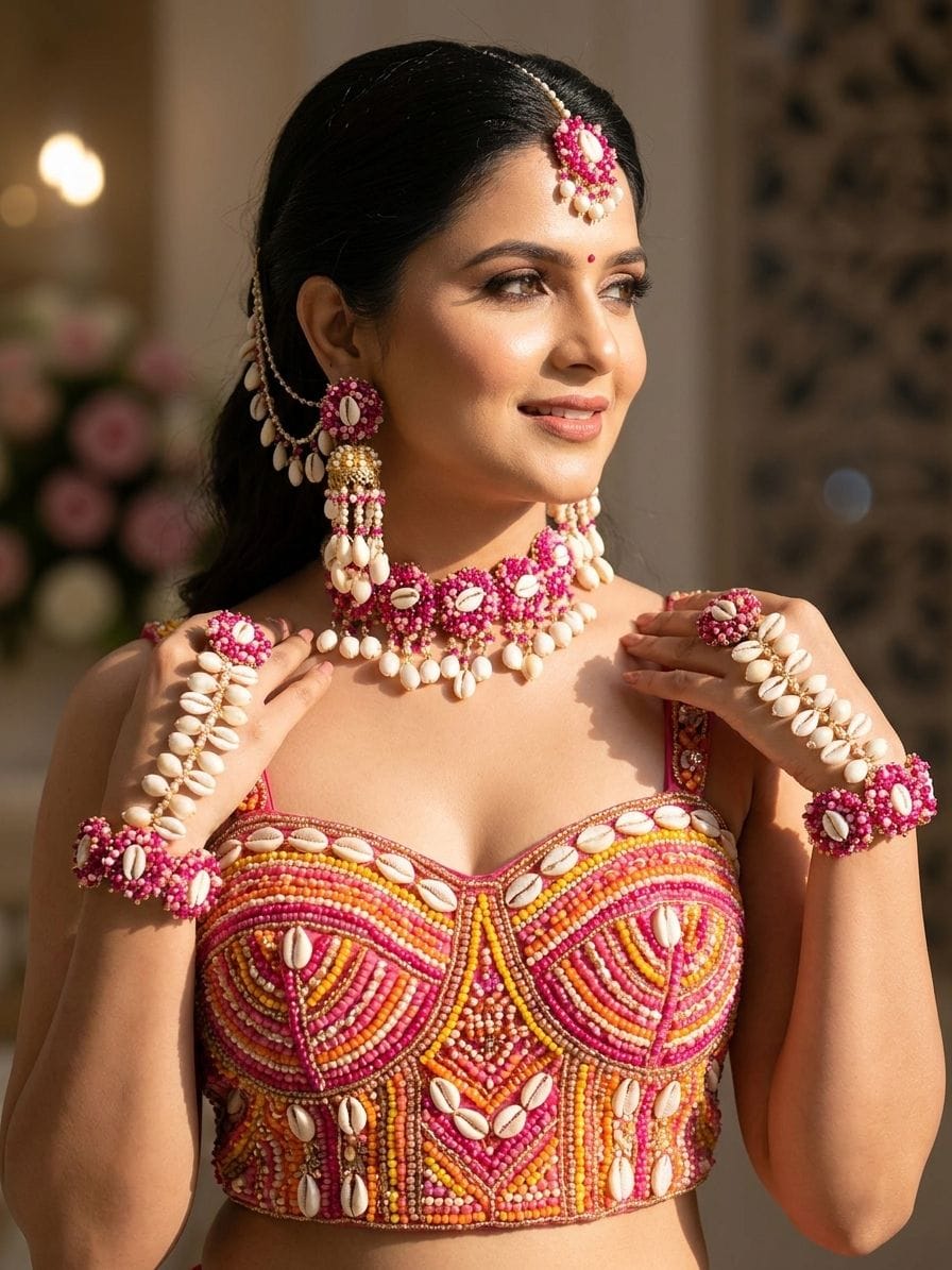 Pink Pearl Haldi Bridal Set: Gold-Plated Florals & Kaliras