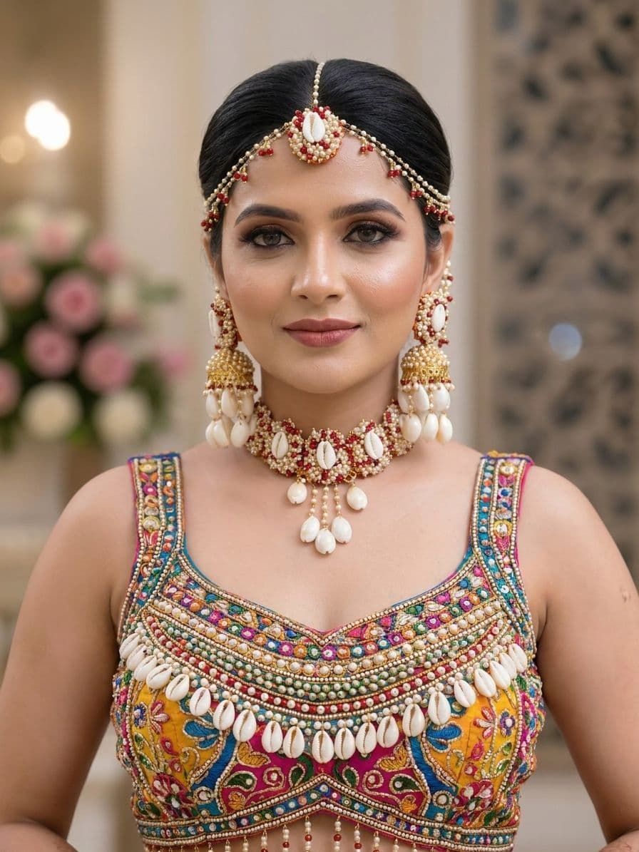 Sea Whispers: Red-White Pearl & Shell Jewellery Set for Haldi-Mehndi