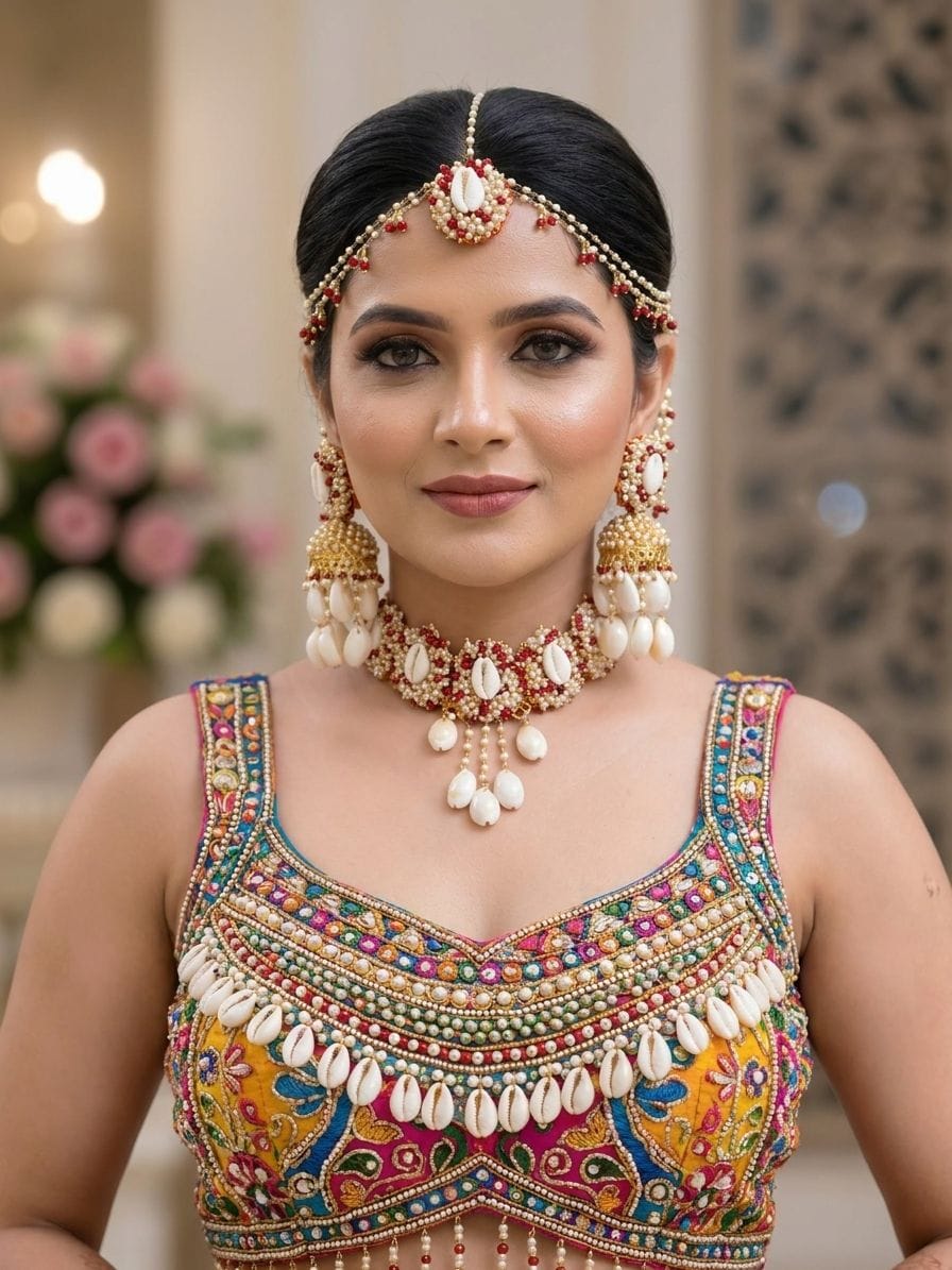 Sea Whispers: Red-White Pearl & Shell Jewellery Set for Haldi-Mehndi