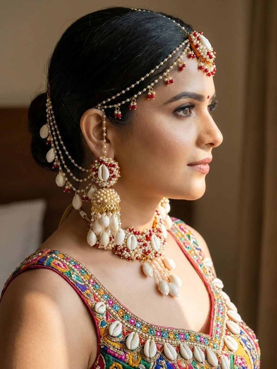 Sea Whispers: Red-White Pearl & Shell Jewellery Set for Haldi-Mehndi