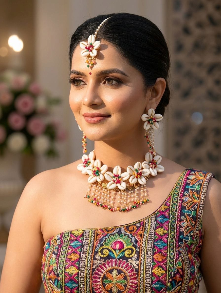 Multicolored Pearl & Cowrie Shell Festival Jewelry Set for Fashionistas